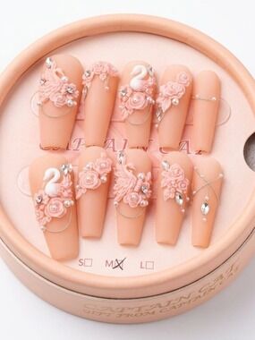 Peach 3D Floral Swan Press-On Nails - Women Makeup